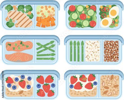 Meal prep containers with healthy balanced meals for fitness and nutrition in vibrant colors, copy space