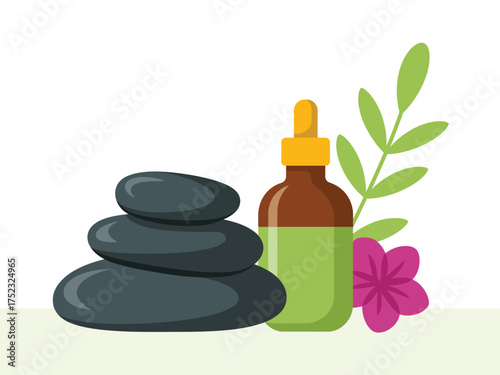 Spa therapy elements including hot stones essential oil and flower