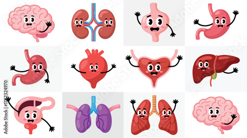 Collection of cute cartoon human organs with happy faces and arms
