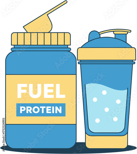 Protein fuel container and shaker for fitness lifestyle in bright colors, copy space