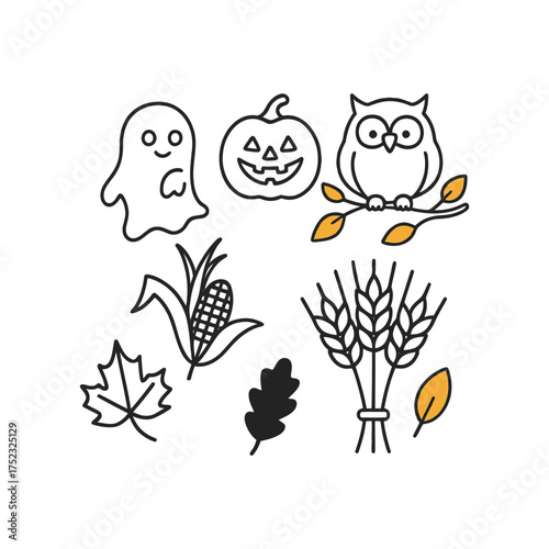 Set of Halloween and Autumn Icons Ghost, Pumpkin, Owl, Corn, Wheat, Maple Leaf