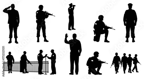 A collection of soldier and security personnel silhouettes in various duty and combat poses.
