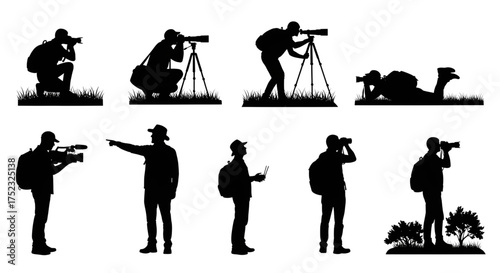 A collection of photographer and videographer silhouettes showing professionals in various nature and wildlife shooting poses.

