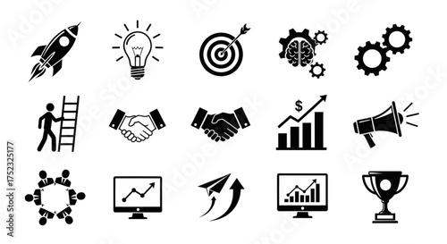 A collection of black and white startup and business success silhouettes representing growth ideas and achievement.
