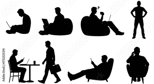 A collection of modern freelancer and remote worker silhouettes in various casual work and relaxation poses.

