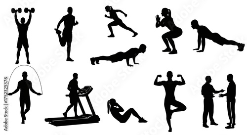 A dynamic collection of fitness and workout silhouettes showing people in various exercise and training activities.

