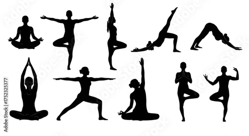An elegant collection of female silhouettes in various classic yoga poses for wellness and meditation concepts.

