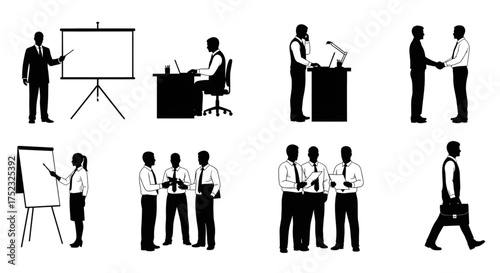 A collection of business and corporate office silhouettes showing professionals in meetings and presentations.
