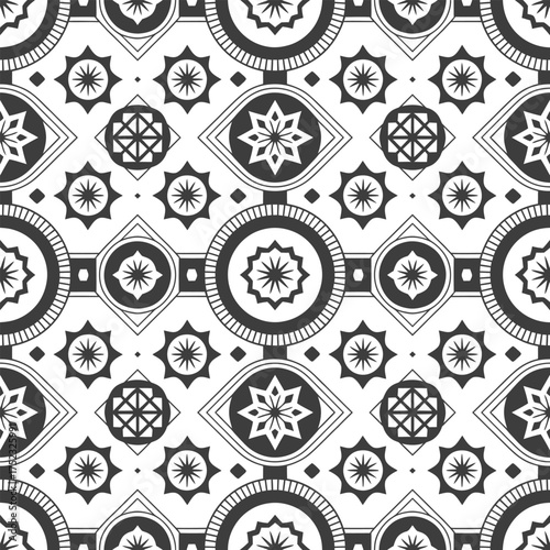 Seamless pattern geometric shapes stars circles squares monochrome decorative art