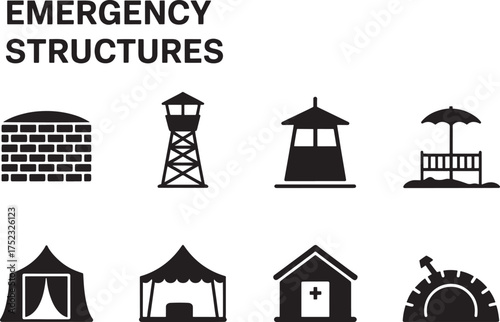 Collection of Diverse Emergency Structures and Shelter Icons Representing Various Protective and Temporary Buildings and Habitats for Humanitarian Aid And Safety Situations