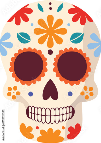 A colorful and decorative sugar skull illustration with floral patterns, representing Dia de los Muertos.
