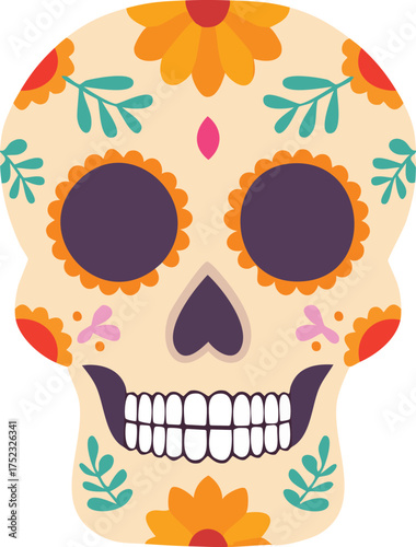 A colorful and decorative sugar skull illustration with floral and leaf motifs, representing Day of the Dead.