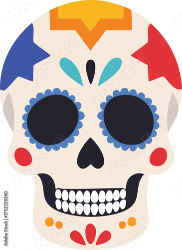 A colorful and decorative sugar skull with intricate patterns and vibrant colors, symbolizing Day of the Dead.