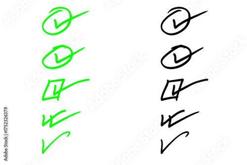 Green and Black hand drawn tick mark and check mark bundle isolated on transparent background