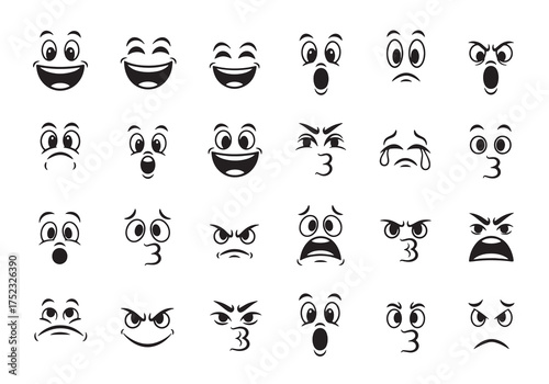 Retro 30s cartoon mascot characters. Funny face expressions with varied comic emotions surprise, anger and joy love, silliness. Vintage elements for stickers, comics and games, kids apps. Vector set 