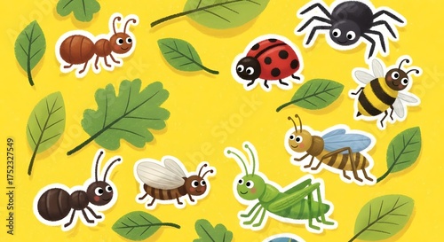 Flat lay illustration features insects like ants, bees, and a spider surrounding green leaves on a bright yellow background creating a cheerful cartoon-like