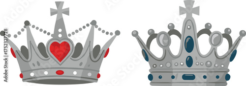 Silver crown illustration, red heart gem, blue gemstone design, royal accessory, monarchy symbol, vector art, regal style, ceremonial headwear