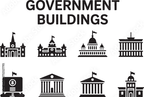 Collection Of Various Government Buildings Silhouettes And Icons Representing Public Institutions And State Authority