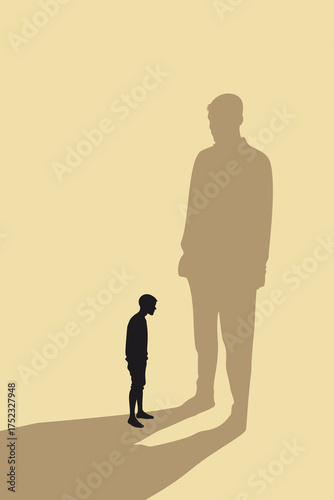 Conceptual illustration of a boy with a large adult shadow symbolizing trauma and inner growth
