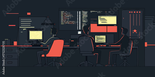 Software developers collaborating on coding project in dark modern office with multiple monitors showing code and data screens flat vector illustration