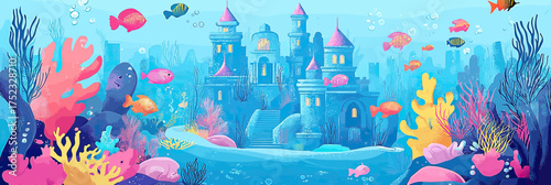 Underwater fantasy castle surrounded by colorful coral reef and diverse tropical fish in whimsical ocean scene vector illustration