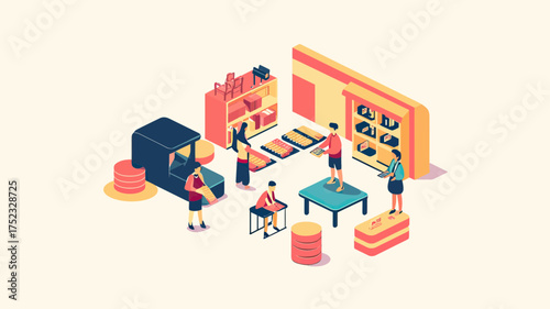 Isometric people shopping furniture in showroom with tables shelves and display cases flat minimalist vector illustration