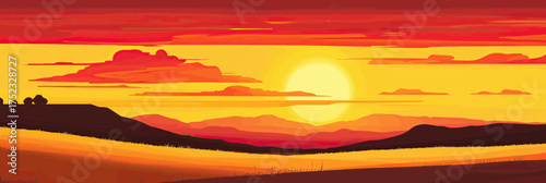 fiery sunset over expansive prairie landscape with rolling hills and golden grass minimalist flat vector illustration in warm vibrant colors smooth 3d style isolated background