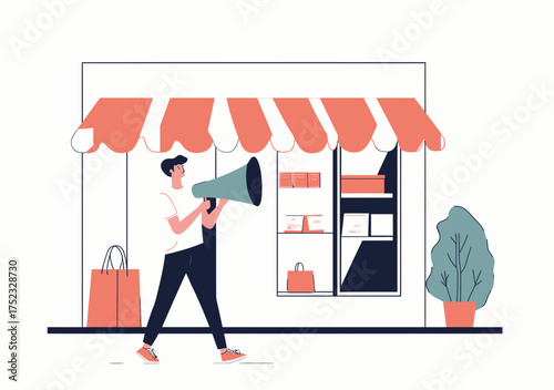Store owner with megaphone promoting sales outside storefront with awning, shopping bags, and window display in minimalist flat design