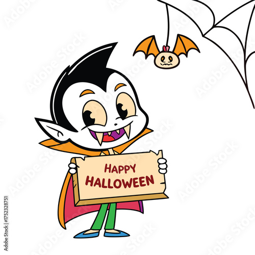 Cute cartoon vampire boy holding happy halloween sign with bat and spiderweb vector