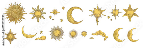Golden sun and moon celestial icons collection mystical astrology lunar and solar symbols set with stars and clouds flat minimalist vector design isolated white background