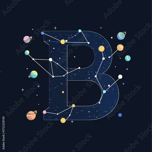 Letter B with cosmic constellation and colorful planets in outer space starry sky design for astronomy and science concept vector illustration