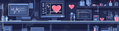 Heart monitoring cardiogram displayed on multiple medical monitors with heart icons and scientific equipment in dark blue laboratory flat vector illustration