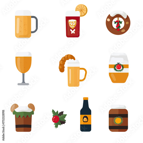 Flat minimalist vector Oktoberfest icons featuring beer mugs, dark beer with citrus, pretzel, beer glass with croissant, festive stein with greenery, beer bottle, and floral decorations