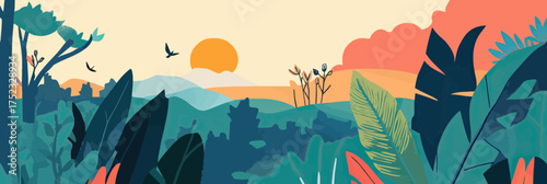 Minimalist flat vector illustration of vibrant tropical forest landscape with colorful leaves and sunrise over distant mountains and castle silhouette
