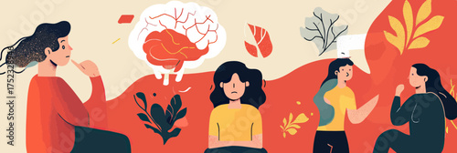 Female therapist consulting woman patient experiencing mental health stress anxiety depression emotional burnout in abstract psychotherapy scene vector illustration