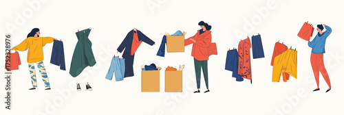 Volunteers sorting and packing used clothes and shoes in boxes for charity donation textile recycling and second hand clothing exchange concept illustration in flat minimalist style