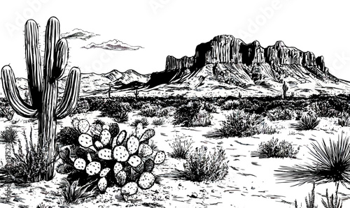 Black and white vintage desert landscape with saguaro cactus prickly pear shrubs distant mountains and wild southwestern plants engraving style vector illustration