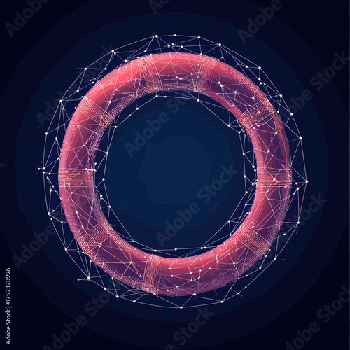 Abstract digital polygonal lifebuoy with connecting lines and dots network, futuristic wireframe circle illustration on dark background for technology and safety concept
