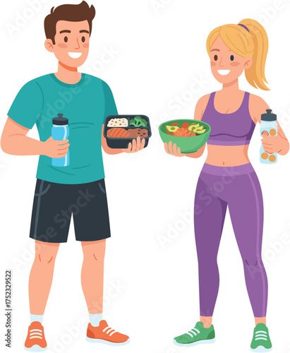Young fit couple smiling with healthy food and drinks in gym wear, bright colors, copy space