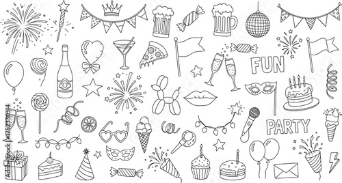 Big set of black and white party icons. Hand-drawn doodle elements for birthday, new year, and holiday celebrations