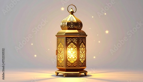 A golden ornate lantern with intricate cut-out patterns, emitting a warm, inviting glow. Sparks of light emanate around it on a soft gradient