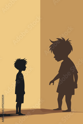 Conceptual illustration of a child facing his own shadow symbolizing fear and inner trauma