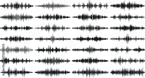 Dynamic collection of various sound wave patterns, depicting abstract audio vibrations and frequency visualization for technology and music-related designs across diverse applications