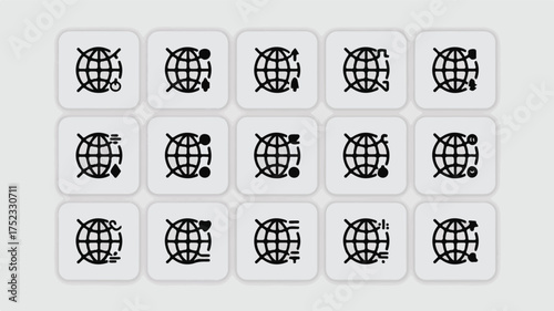 Fifteen minimalist globe icons with various symbols black white