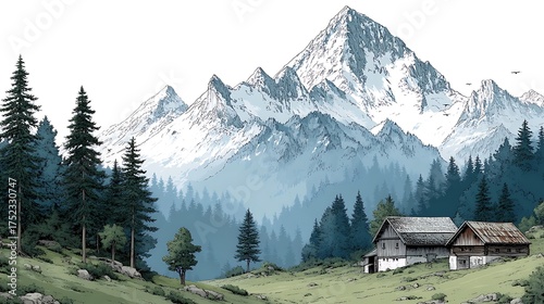 Minimalist line art snowy alps cabins high resolution picture