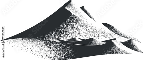Monochrome illustration of stylized sand dunes in a minimalist desert landscape.