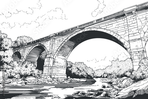 Black and white illustration of a stone arch bridge over a river with surrounding trees.