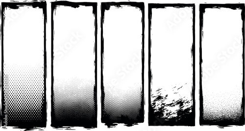 Collection of five unique distressed vector frames featuring grunge textures, rough edges, and halftone patterns, ideal for graphic design borders and creative overlays