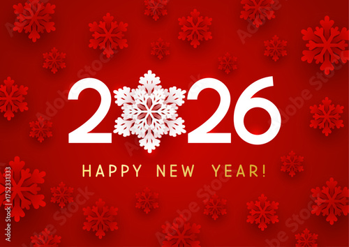 New Year concept - 2026 numbers on red background with paper snowflakes for winter holidays design 2