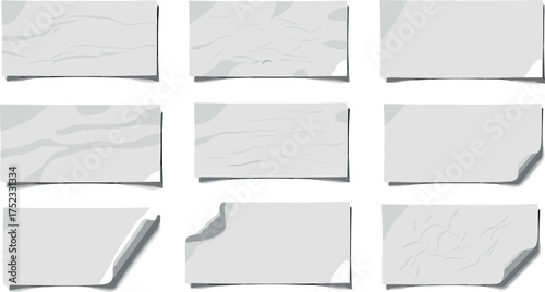 Vector set of isolated white paper scraps, blank notes with ripped edges and crumpled textures on a white background